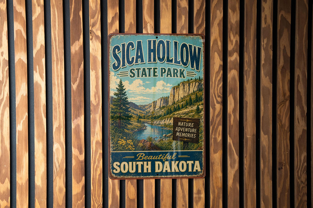 A vintage metal sign for Sica Hollow State Park in South Dakota, featuring a scenic mountain landscape.