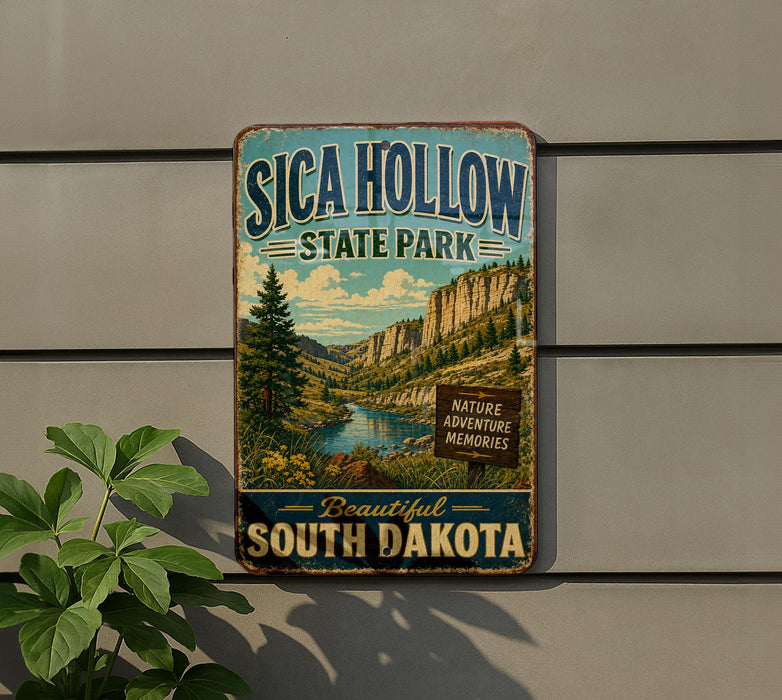 A vintage-style metal sign for Sica Hollow State Park, featuring a scenic landscape with mountains, trees, and a river.
