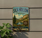 A vintage-style metal sign for Sica Hollow State Park, featuring a scenic landscape with mountains, trees, and a river.