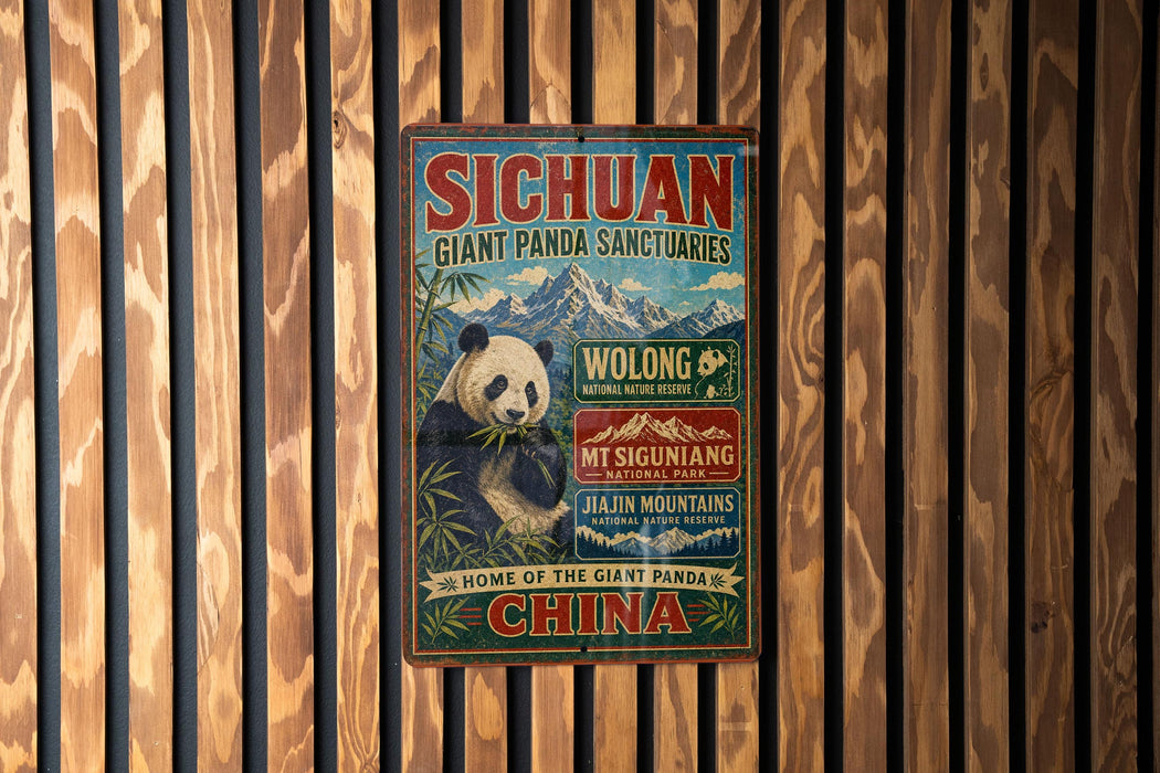a vintage-style sign for the Giant Panda Sanctuary in Sichuan, China, with a panda bear illustration and text promoting the sanctuary.