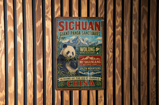 a vintage-style sign for the Giant Panda Sanctuary in Sichuan, China, with a panda bear illustration and text promoting the sanctuary.