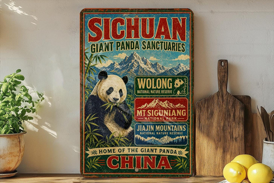 a vintage-style sign advertising the Giant Panda Sanctuary in Sichuan, China, with a panda bear and mountainous background.