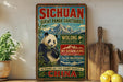 a vintage-style sign advertising the Giant Panda Sanctuary in Sichuan, China, with a panda bear and mountainous background.
