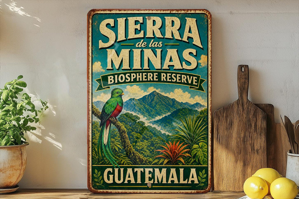 A vintage-style sign for the Sierra de las Minas Biosphere Reserve in Guatemala, featuring a colorful illustration of a bird perched on a tree branch with mountains in the background.