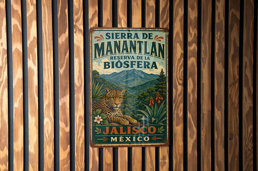 A vintage-style metal sign with a leopard and tropical plants, mounted on a wooden wall.