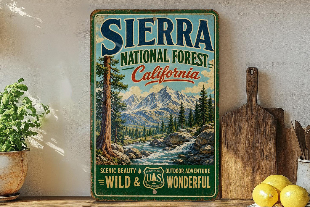 A vintage-style sign for Sierra National Forest, California, featuring a scenic mountain landscape with a river and pine trees.