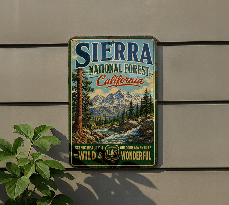 A vintage-style sign for Sierra National Forest, California, featuring a scenic mountain landscape with pine trees and a river.