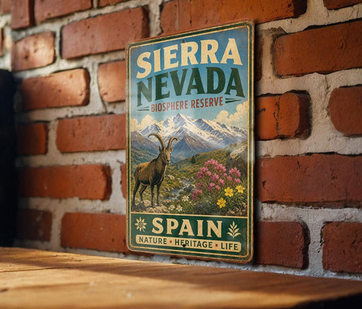 A vintage-style metal sign with the text "SIERRA NEVADA BIOSPHERE RESERVE SPAIN NATURE HERITAGE LIFE" is displayed on a brick wall.