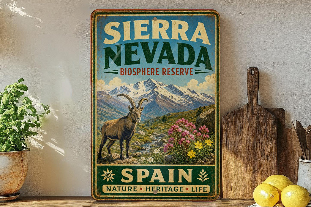 A vintage-style sign for Sierra Nevada Biosphere Reserve, featuring a mountain landscape with a goat and flowers, is displayed on a shelf next to a wooden cutting board and some lemons.