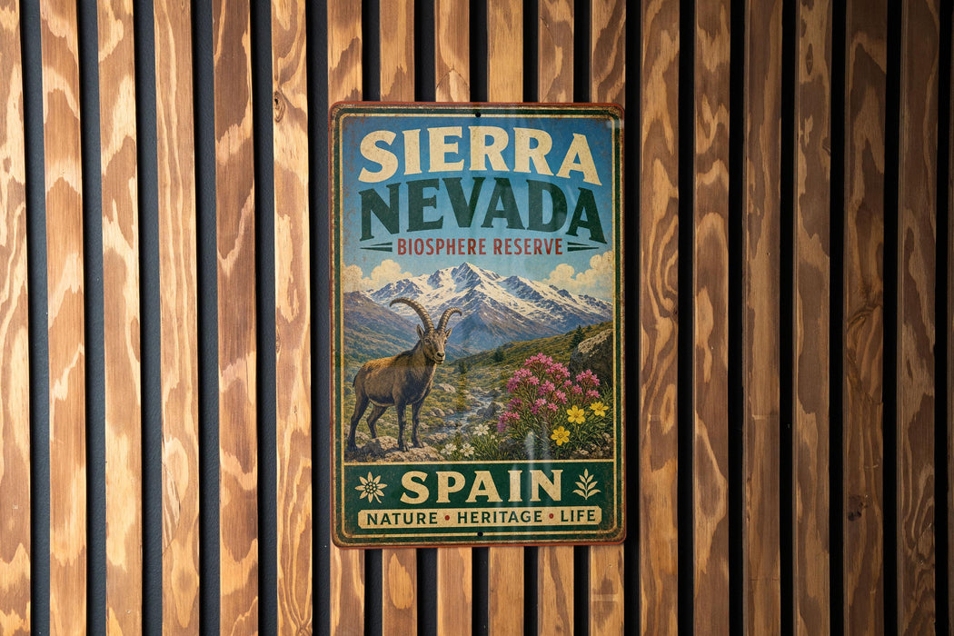 A vintage-style metal sign for Sierra Nevada Biosphere Reserve, featuring a mountain landscape with a goat and flowers, mounted on a wooden wall.