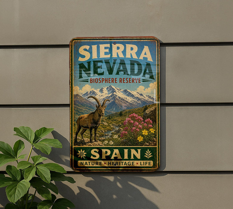 A vintage-style sign for Sierra Nevada Biosphere Reserve, featuring a mountain landscape with a goat and flowers, mounted on a wall next to a plant.