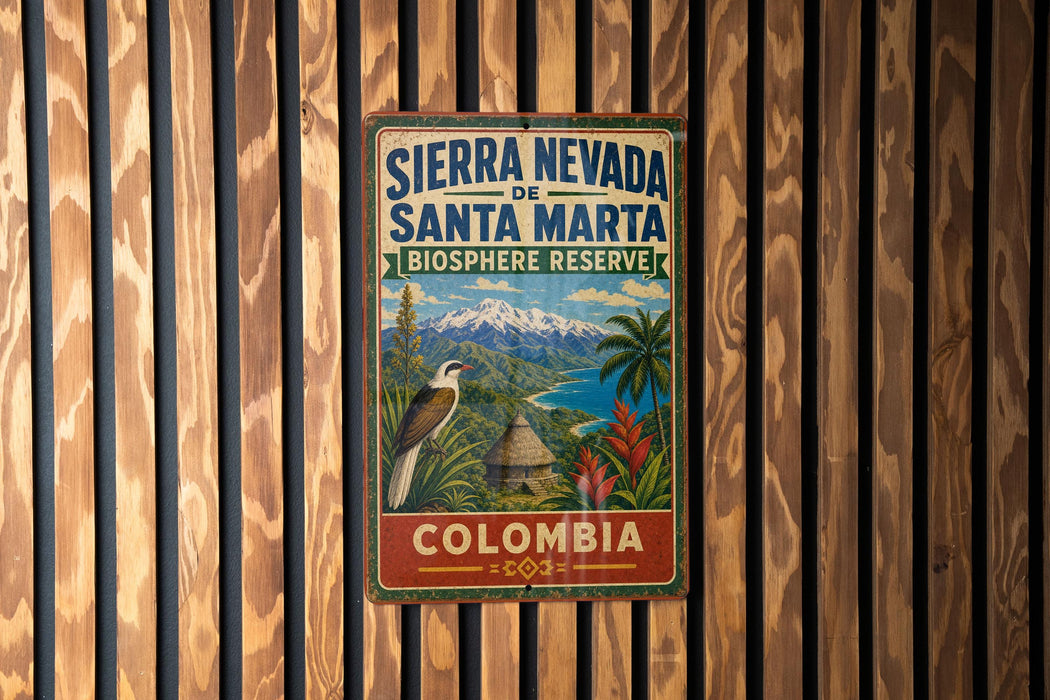 A vintage-style sign for Sierra Nevada de Santa Marta Biosphere Reserve in Colombia, featuring a tropical landscape with a bird and palm trees.