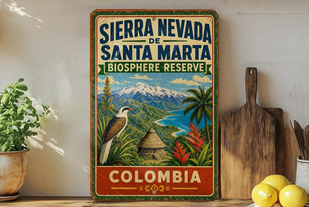 A vintage-style sign for Sierra Nevada de Santa Marta Biosphere Reserve in Colombia, featuring a tropical landscape with a bird, palm trees, and mountains.
