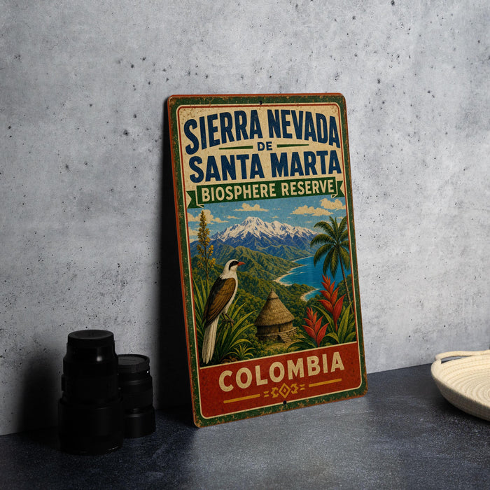 A vintage-style sign for the Sierra Nevada Biosphere Reserve in Santa Marta, Colombia, featuring a bird, palm trees, and mountains.