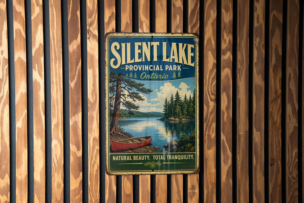 A vintage-style metal sign for Silent Lake Provincial Park in Ontario, featuring a scenic image of a lake with a canoe and pine trees.