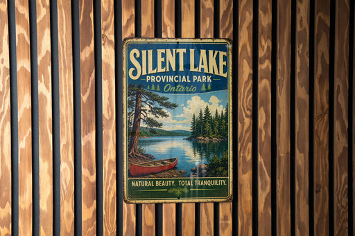 A vintage-style metal sign for Silent Lake Provincial Park in Ontario, featuring a scenic image of a lake with a canoe and pine trees.