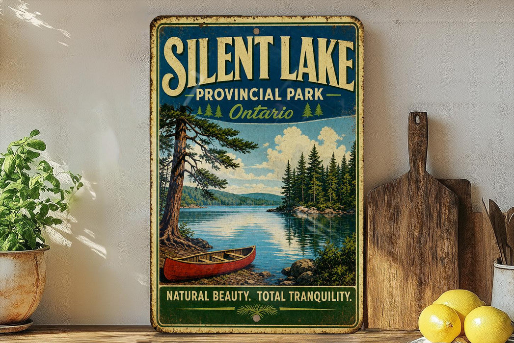 A vintage-style metal sign for Silent Lake Provincial Park in Ontario, featuring a canoe on a lake surrounded by pine trees.