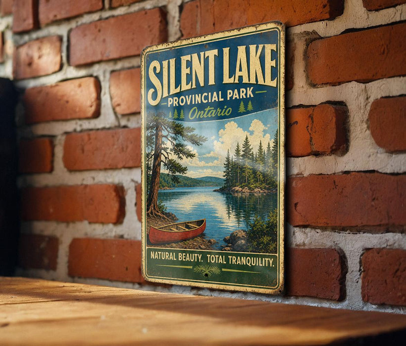 A vintage-style metal sign for Silent Lake Provincial Park in Ontario, featuring a scenic landscape with a lake, trees, and a canoe.