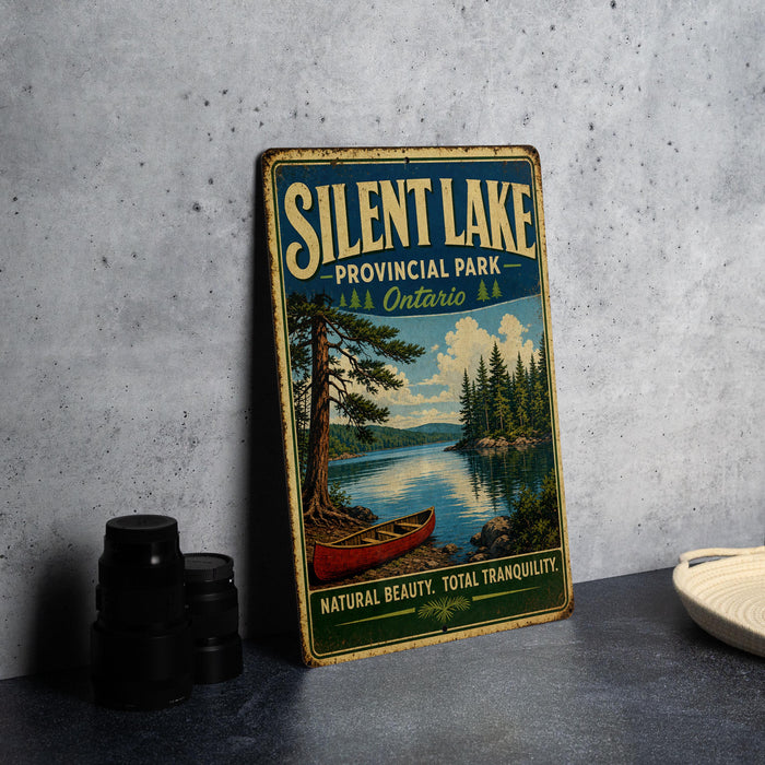 A vintage-style sign for Silent Lake Provincial Park in Ontario, featuring a scenic image of a lake with a canoe and pine trees.