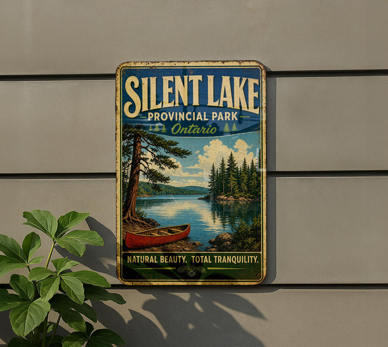 A vintage-style metal sign for Silent Lake Provincial Park, Ontario, featuring a scenic image of a lake with a canoe and pine trees.