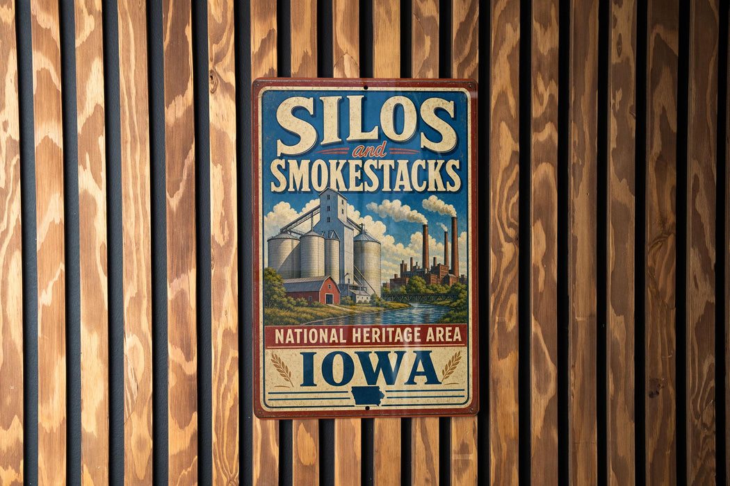 A vintage-style metal sign with the text "Silos and Smoke stacks" and "National Heritage Area Iowa" is displayed on a wooden wall.