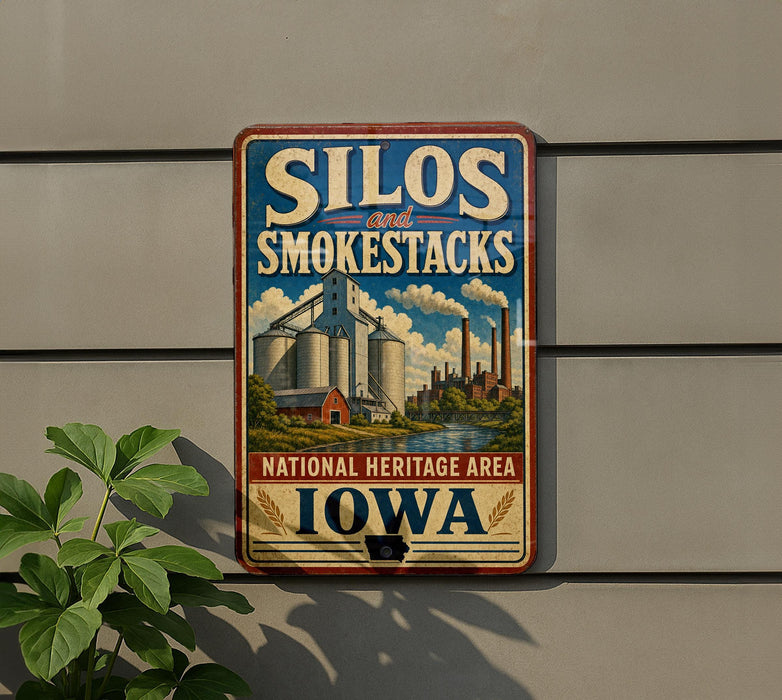 A vintage-style metal sign with the text "Silos and Smoke stacks" and "National Heritage Area Iowa" is displayed on a wall, with a plant visible to the left.