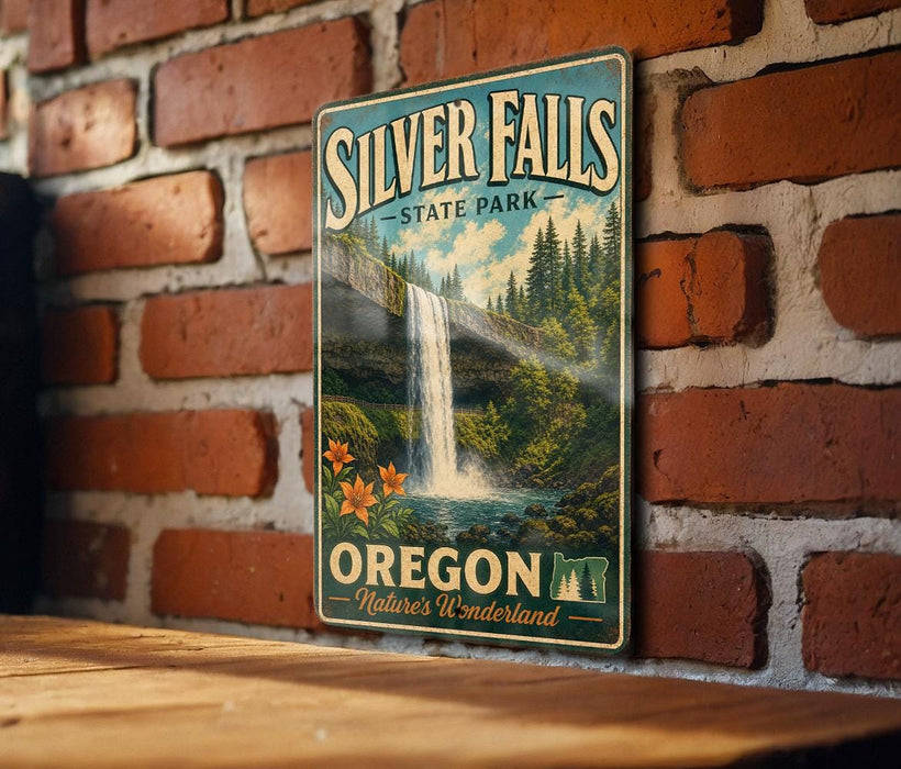A vintage-style metal sign for Silver Falls State Park in Oregon, featuring a waterfall surrounded by lush greenery and flowers.