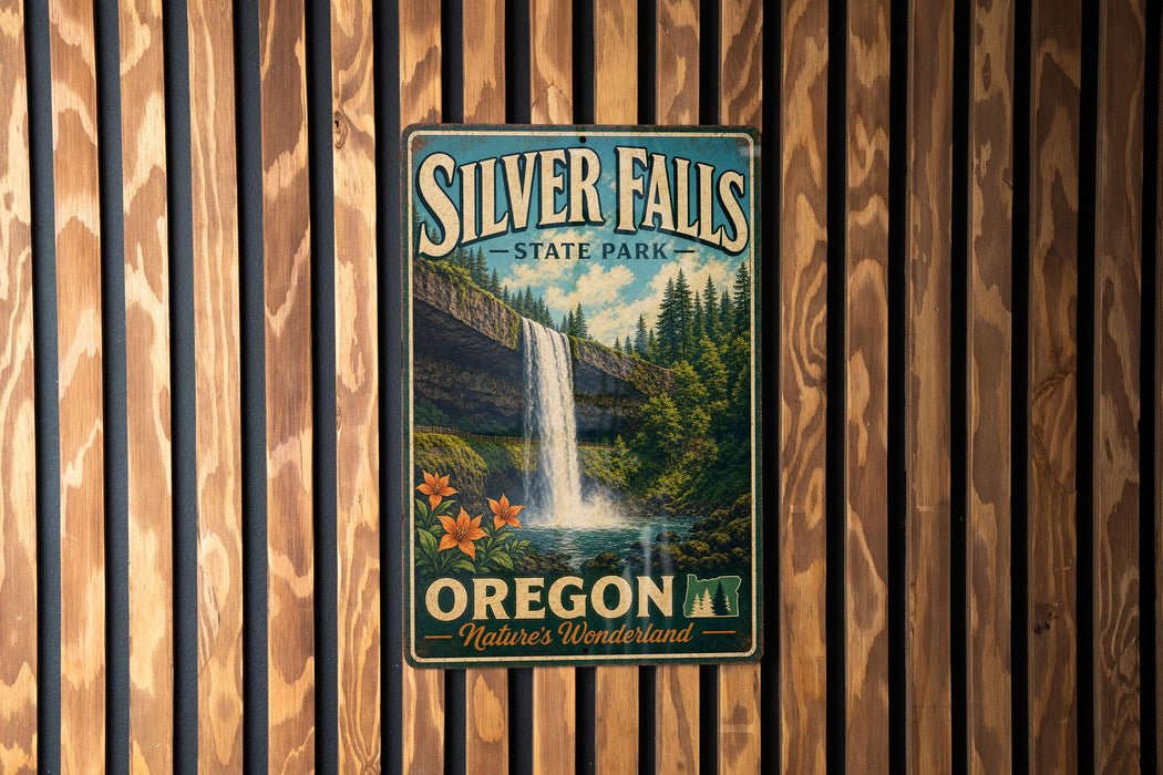A vintage-style metal sign for Silver Falls State Park in Oregon, featuring a waterfall surrounded by lush greenery and flowers.