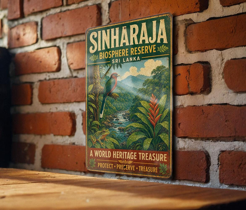 A vintage-style sign for the Sinharaja Biosphere Reserve in Sri Lanka, featuring a lush tropical landscape with a bird perched on a tree.
