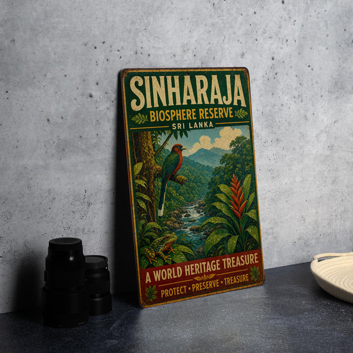 A vintage-style sign for the Sinharaja Biosphere Reserve in Sri Lanka, featuring a colorful illustration of a bird and lush tropical foliage.