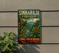 A vintage-style sign for the Sinharaja Biosphere Reserve in Sri Lanka, featuring a colorful illustration of a tropical forest and a bird.