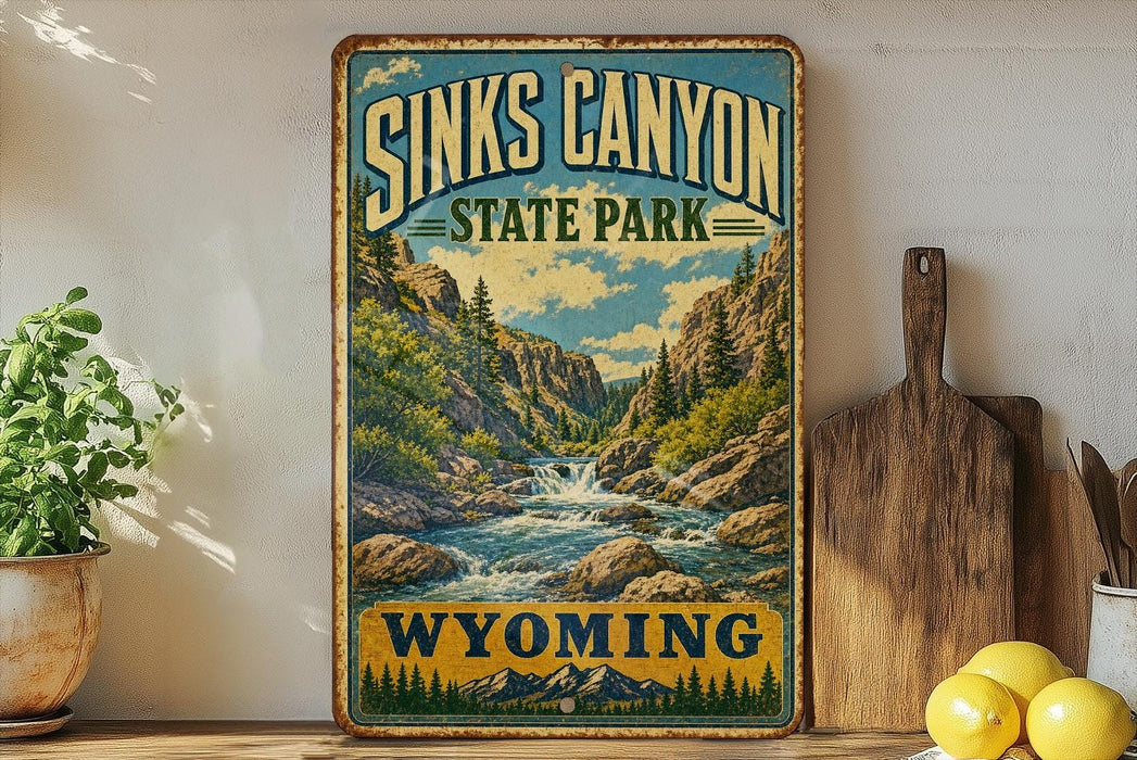 A vintage-style sign for Sinks Canyon State Park in Wyoming, featuring a scenic mountain landscape with a waterfall.