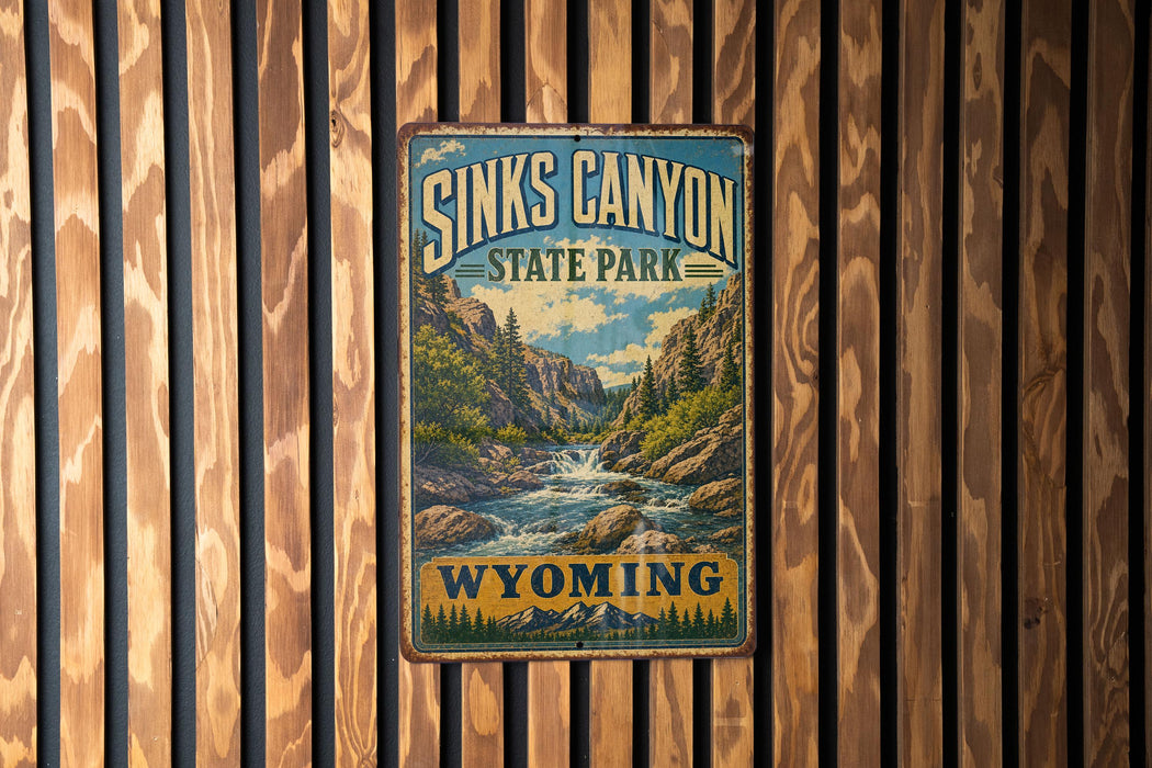 A vintage-style sign for Sinks Canyon State Park in Wyoming, featuring a scenic mountain landscape with a river flowing through it.