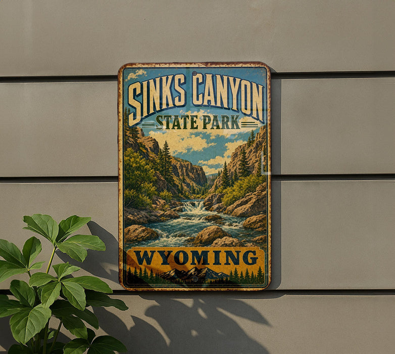 A vintage-style sign for Sinks Canyon State Park in Wyoming, featuring a scenic illustration of a river and mountains.