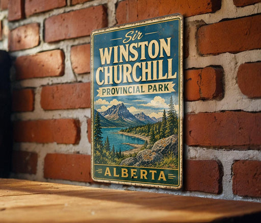 A vintage-style metal sign for Sir Winston Churchill Provincial Park in Alberta, Canada, featuring a scenic mountain landscape.