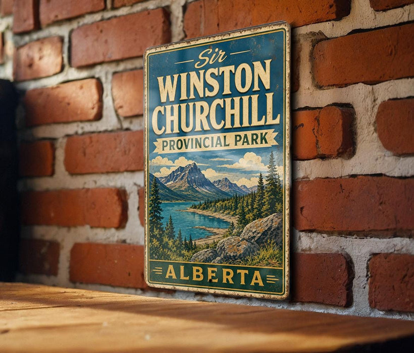 A vintage-style metal sign for Sir Winston Churchill Provincial Park in Alberta, Canada, featuring a scenic mountain landscape.