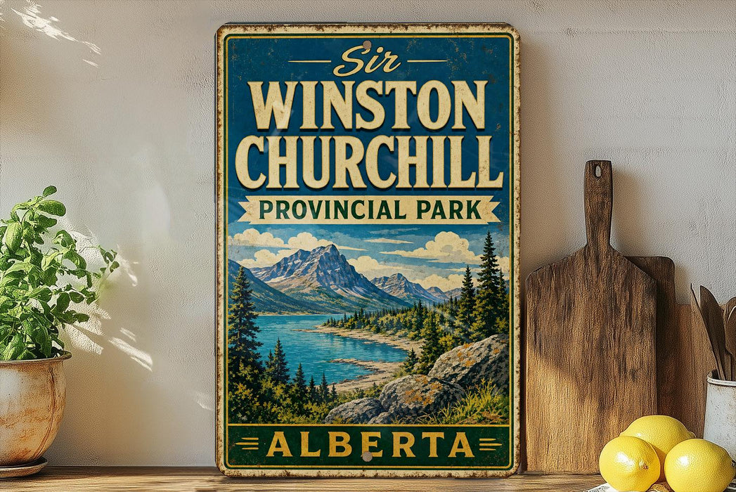 A vintage-style sign for Sir Winston Churchill Provincial Park in Alberta, Canada, featuring a scenic landscape with mountains, a lake, and pine trees.