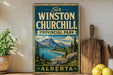 A vintage-style sign for Sir Winston Churchill Provincial Park in Alberta, Canada, featuring a scenic landscape with mountains, a lake, and pine trees.