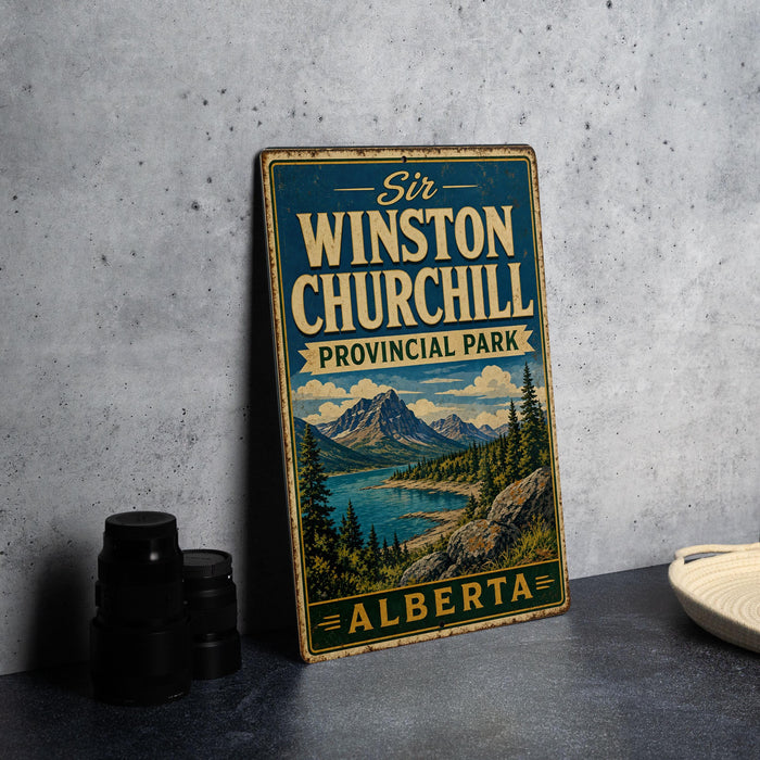 A vintage-style sign for Winston Churchill Provincial Park in Alberta, Canada, featuring a scenic mountain landscape.