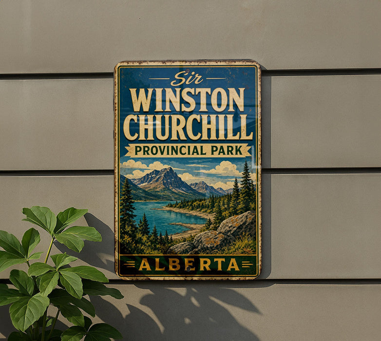 A vintage metal sign for Winston Churchill Provincial Park in Alberta, Canada, featuring a scenic mountain landscape.