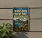 A vintage metal sign for Winston Churchill Provincial Park in Alberta, Canada, featuring a scenic mountain landscape.
