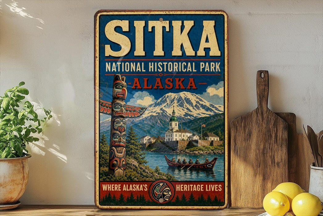 A vintage-style metal sign for Sitka National Historical Park in Alaska, featuring a scenic image of a mountain, a canoe, and traditional Alaskan architecture.