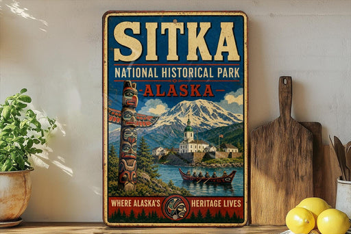 A vintage-style metal sign for Sitka National Historical Park in Alaska, featuring a scenic image of a mountain, a canoe, and traditional Alaskan architecture.