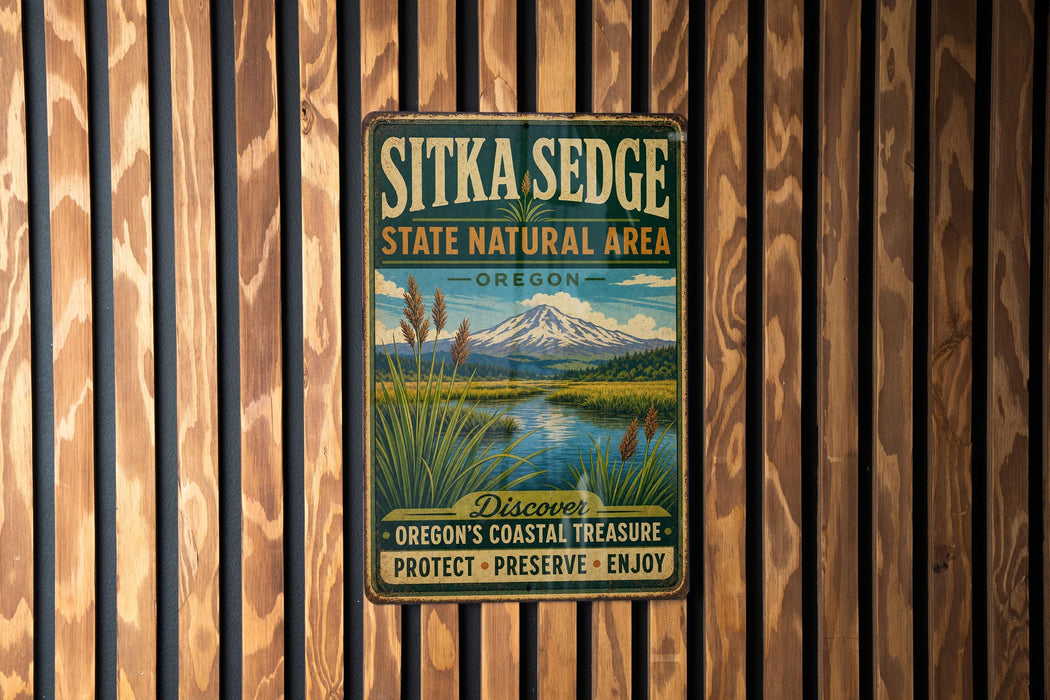 A vintage metal sign for Sitka Sedge State Natural Area in Oregon, featuring a scenic landscape with a mountain and a river.