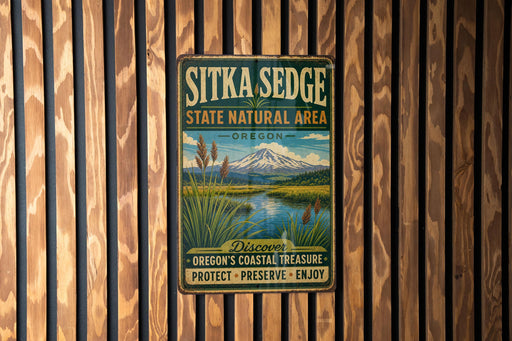A vintage metal sign for Sitka Sedge State Natural Area in Oregon, featuring a scenic landscape with a mountain and a river.