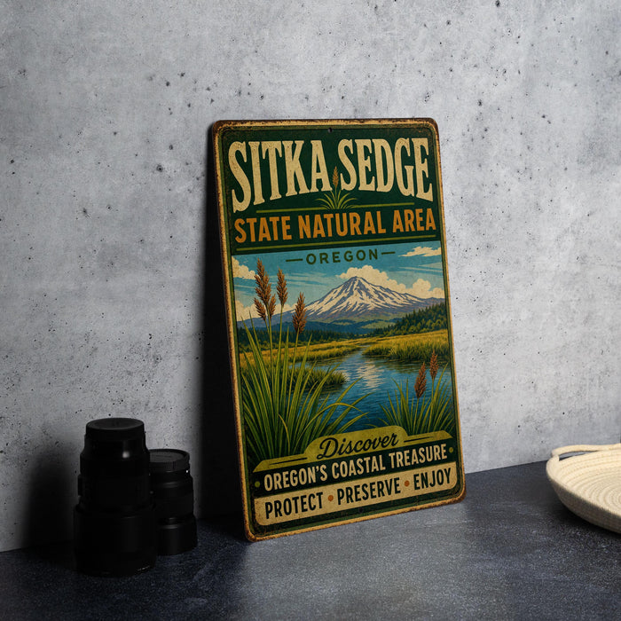 A vintage metal sign for SITKA SEDGE State Natural Area in Oregon, featuring a scenic landscape with a mountain and a river.