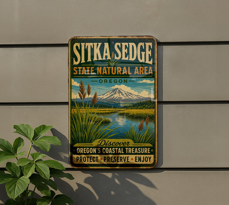A vintage-style metal sign for SITKA SEDGE State Natural Area in Oregon, featuring a scenic landscape with a mountain and a river.