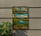 A vintage-style metal sign for SITKA SEDGE State Natural Area in Oregon, featuring a scenic landscape with a mountain and a river.