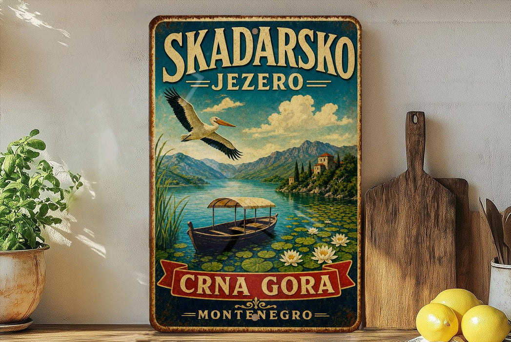 A vintage-style metal sign for Skadarsko Jezero, featuring a boat on a lake surrounded by mountains and a bird in flight.