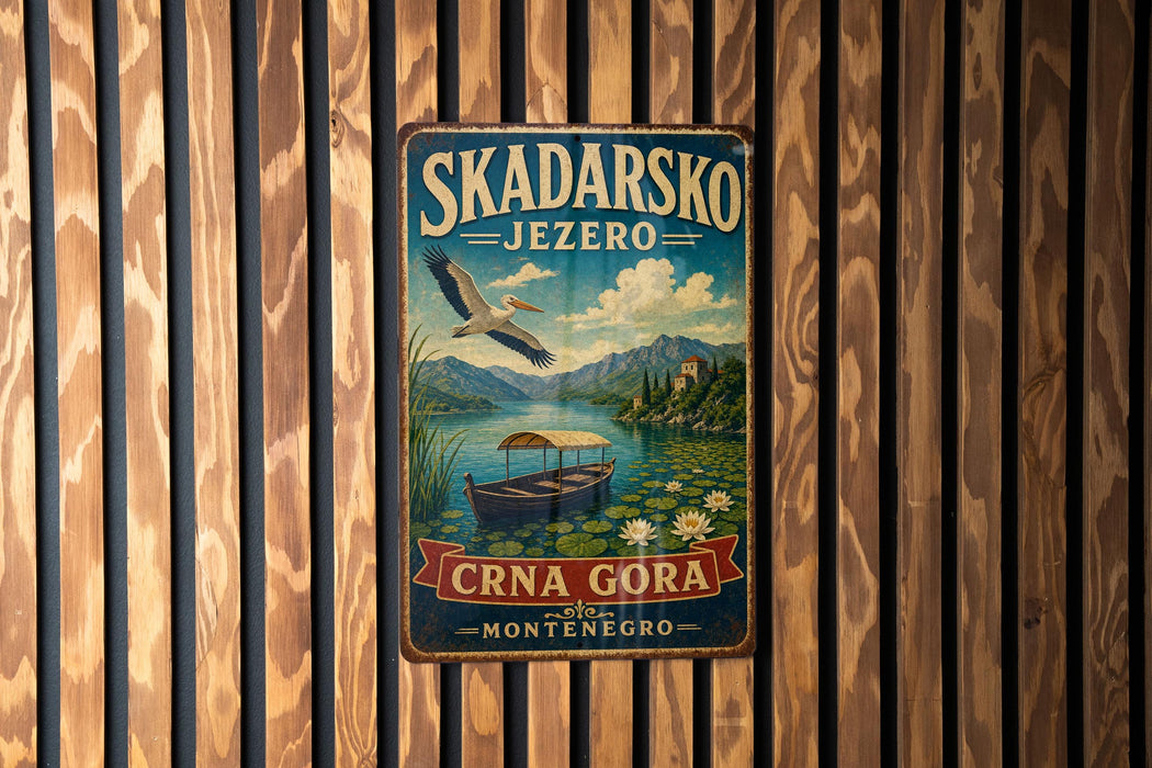 A vintage metal sign with a bird flying over a lake, surrounded by mountains, and a boat on the water. The sign is mounted on a wooden wall.